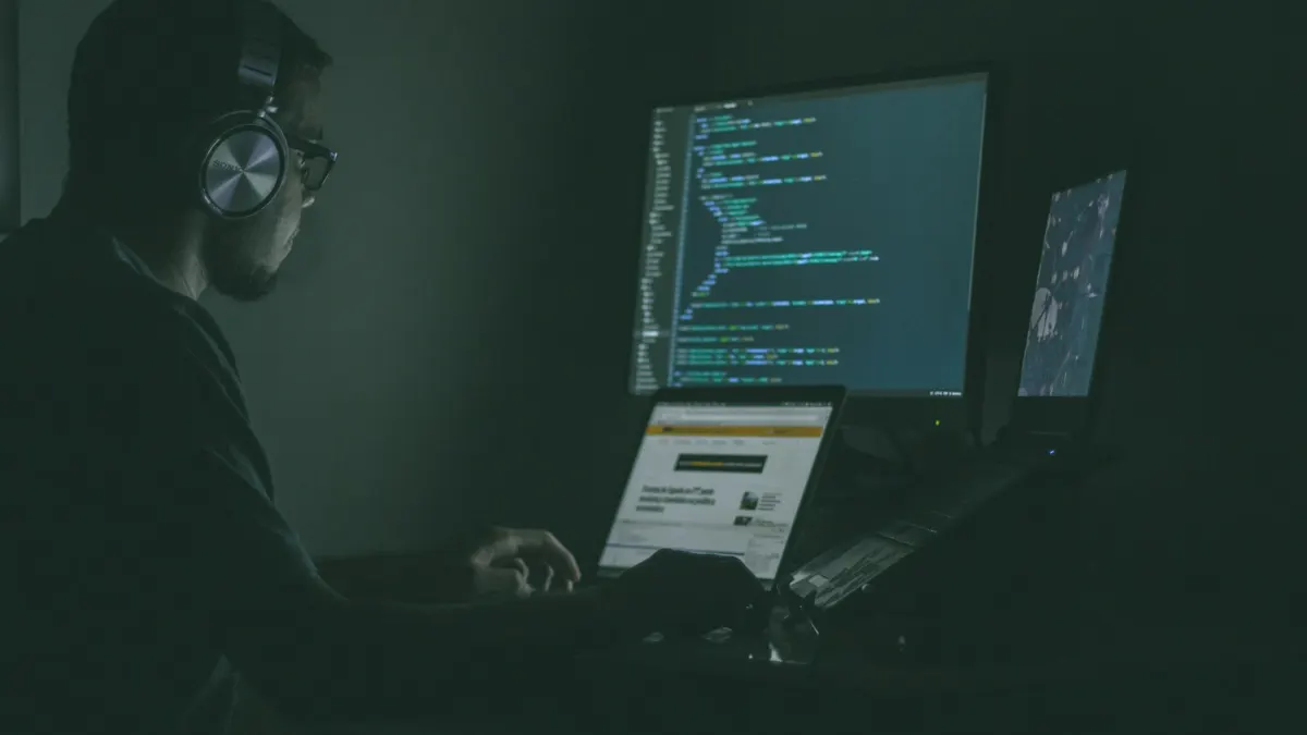 Person working across several laptops